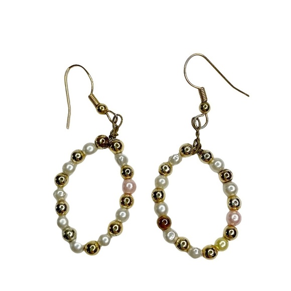 Mini Round Faux Pearl Oval Shaped Dangle Earrings - Picture 1 of 3